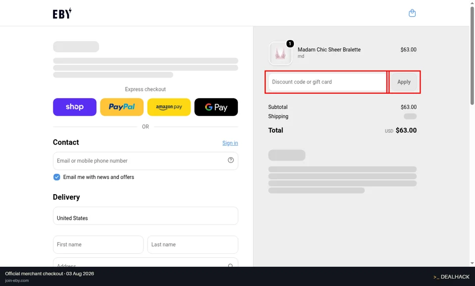 EBY checkout page showing the Discount code or gift card field and Apply button
