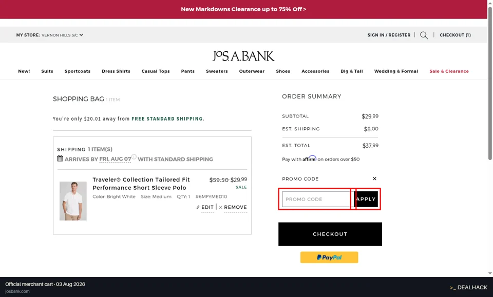 Jos. A. Bank checkout page showing the Promo Code field and Apply button