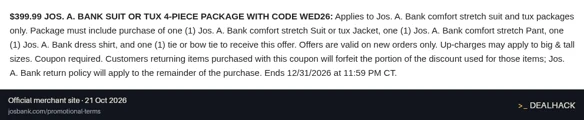 Screenshot of Jos. A. Bank's website on Oct 21, 2026 showing the "Get a 4-Piece Suit or Tux Package for $399.99" offer
