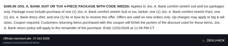 Screenshot of Jos. A. Bank's website on Oct 21, 2026 showing the "Get a 4-Piece Suit or Tux Package for $399.99" offer