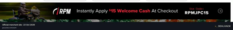 Screenshot of J&P Cycles's website on Oct 22, 2026 showing the "Get $15 Welcome Cash for New RPM Members" offer