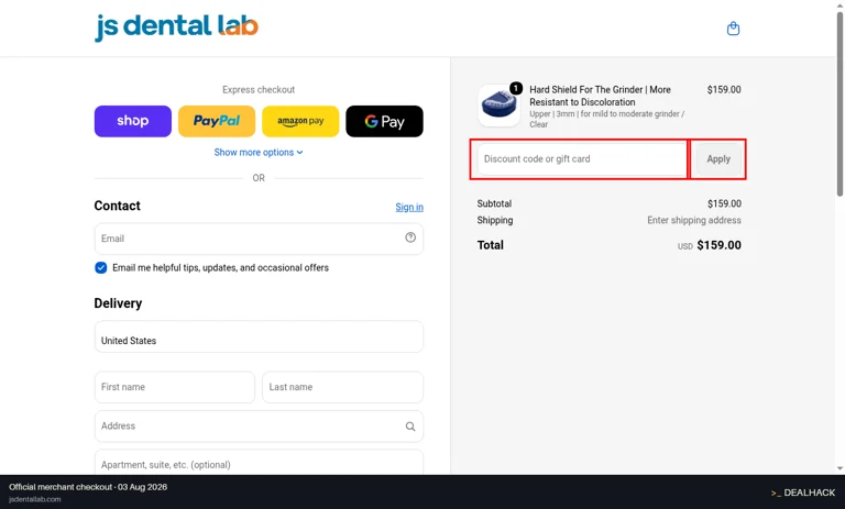 JS Dental Lab checkout page showing the Discount code or gift card field and Apply button