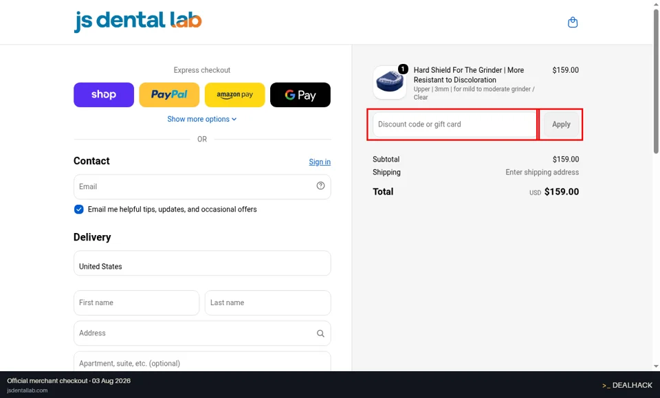 JS Dental Lab checkout page showing the Discount code or gift card field and Apply button