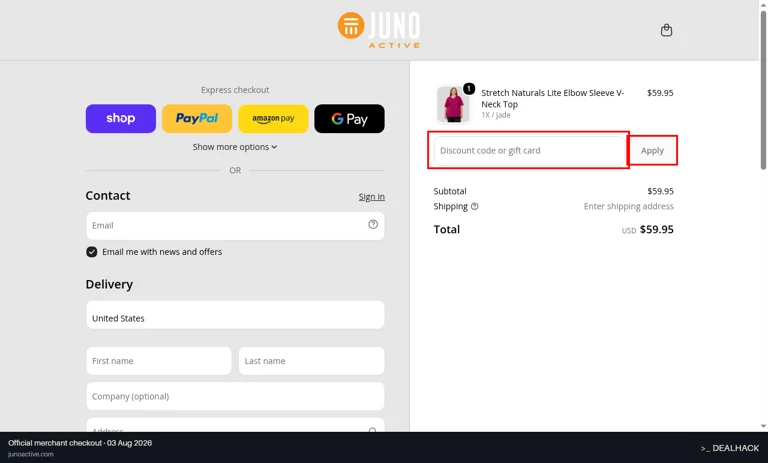 JunoActive checkout page showing the Discount code or gift card field and Apply button