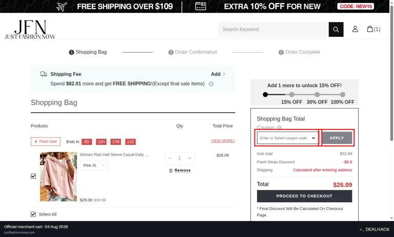 JustFashionNow checkout page showing the Enter or Select coupon code field and APPLY button