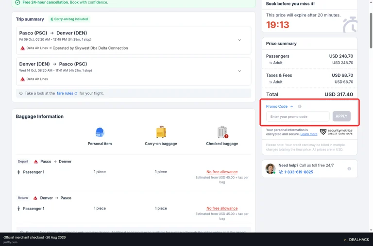 JustFly checkout page showing the Enter your promo code field and APPLY button