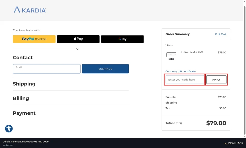 Kardia checkout page showing the Enter your code here field and APPLY button