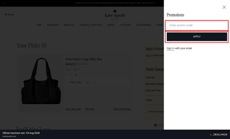 Kate Spade checkout page showing the Enter promo code field and APPLY button