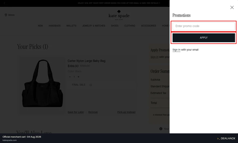 Kate Spade checkout page showing the Enter promo code field and APPLY button