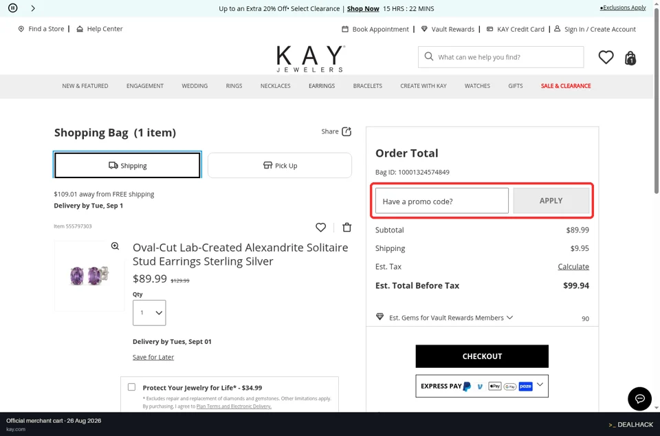 Kay Jewelers checkout page showing the Have a promo code? field and APPLY button