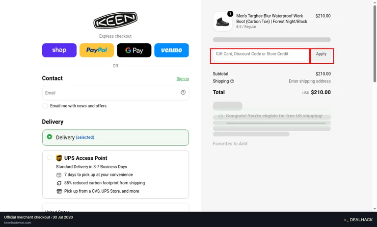 KEEN checkout page showing the Gift Card, Discount Code or Store Credit field and Apply button