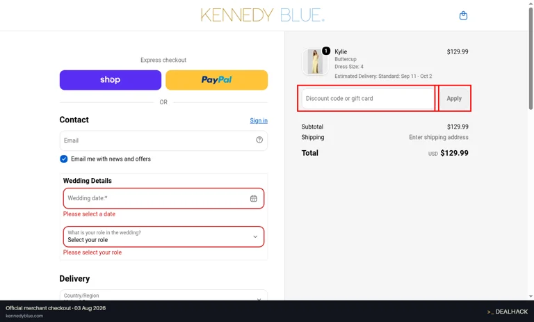 Kennedy Blue checkout page showing the Discount code or gift card field and Apply button