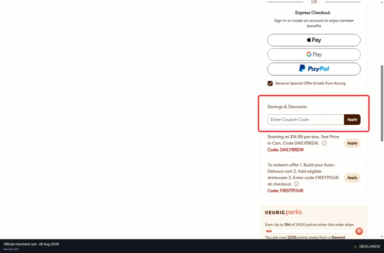 Keurig checkout page showing the Enter Coupon Code field and Apply button