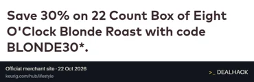Screenshot of Keurig's website on Oct 22, 2026 showing the "Save 30% on Eight OClock Blonde Roast" offer
