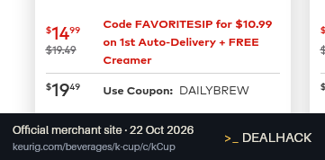 Screenshot of Keurig's website on Oct 22, 2026 showing the "Get K-Cup Pods With First Auto-Delivery + Free Creamer" offer