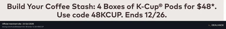 Screenshot of Keurig's website on Oct 22, 2026 showing the "Get Four K-Cup Pod Boxes for $48" offer