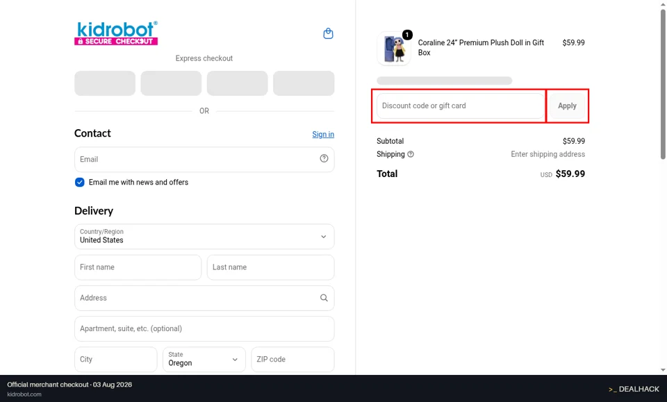 Kidrobot checkout page showing the Discount code or gift card field and Apply button