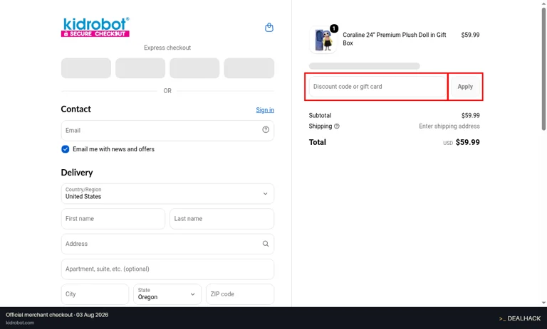 Kidrobot checkout page showing the Discount code or gift card field and Apply button