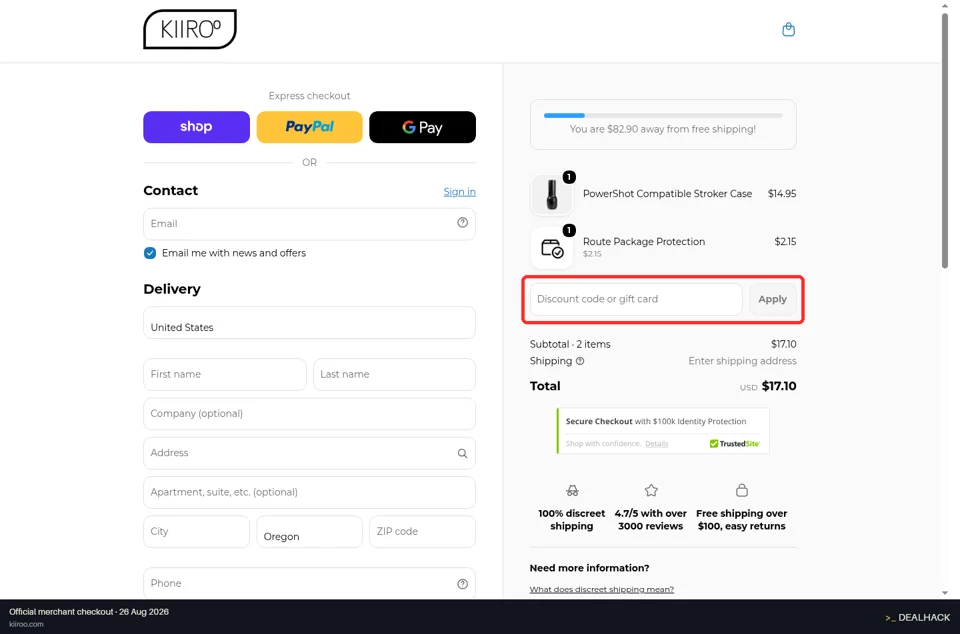 Kiiroo checkout page showing the Discount code or gift card field and Apply button
