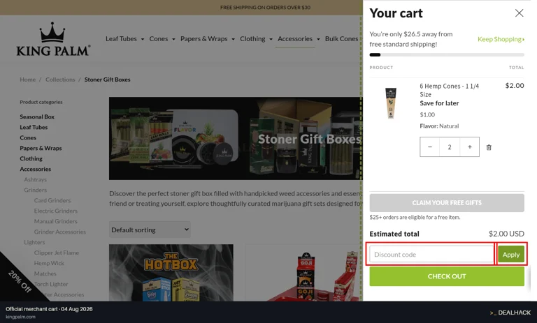 King Palm checkout page showing the Discount code field and Apply button