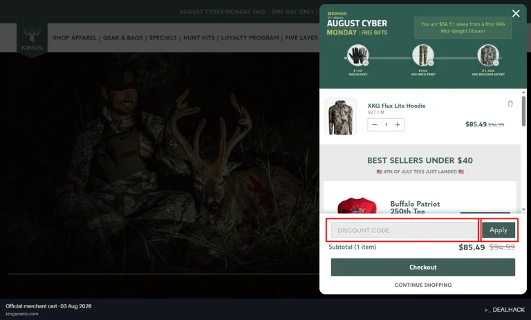 King's Camo checkout page showing the Discount Code field and Apply button