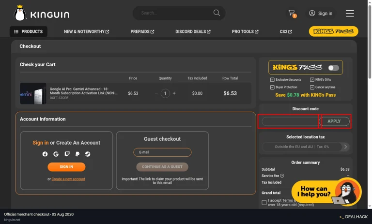 Kinguin checkout page showing the Discount code field and APPLY button