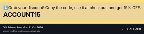 Screenshot of Kinguin's website on Oct 21, 2026 showing the "Save 15% on Eligible Game Accounts" offer