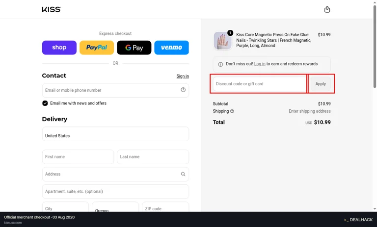 KISS Eyelash checkout page showing the Discount code or gift card field and Apply button
