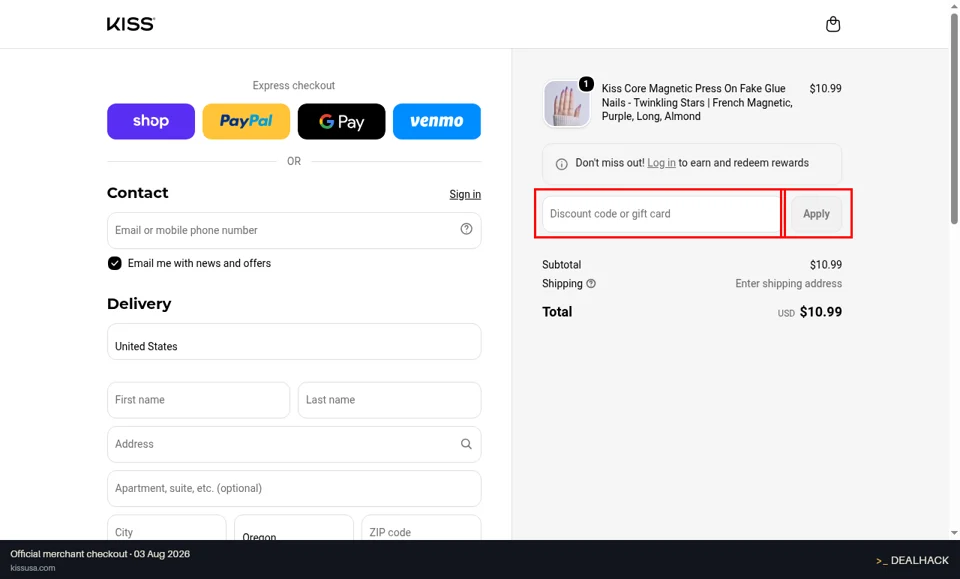 KISS Eyelash checkout page showing the Discount code or gift card field and Apply button