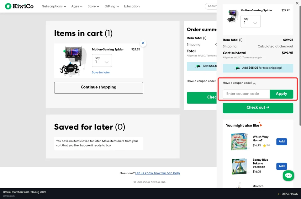 Kiwi Crate checkout page showing the Enter coupon code field and Apply button