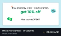 Screenshot of Kiwi Crate's website on Oct 21, 2026 showing the "Save 10% on an Eligible Holiday Crate and Subscription" offer