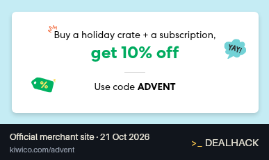 Screenshot of Kiwi Crate's website on Oct 21, 2026 showing the "Save 10% on an Eligible Holiday Crate and Subscription" offer