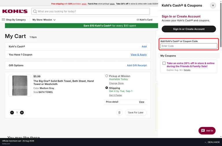 Kohl's checkout page showing the Enter Code field and Apply button
