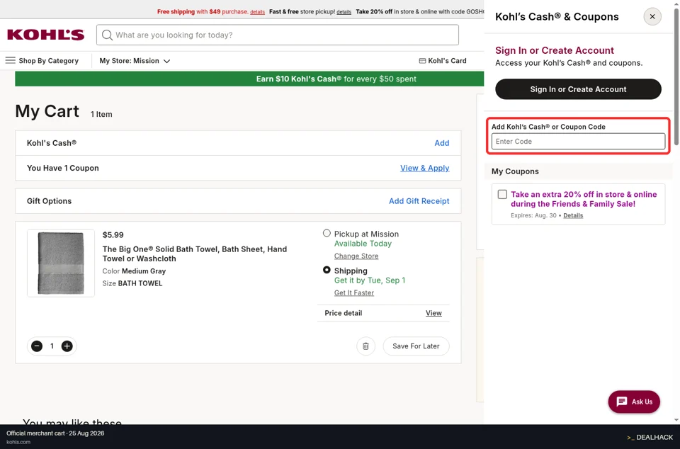 Kohl's checkout page showing the Enter Code field and Apply button