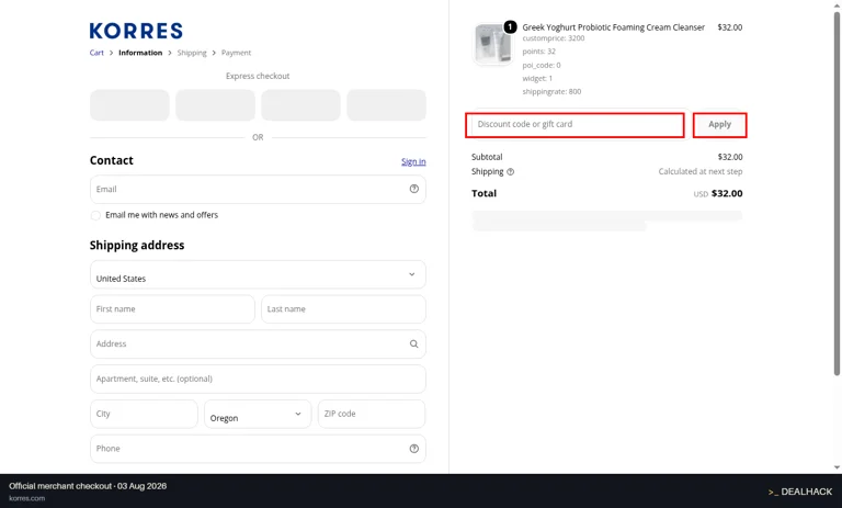 KORRES checkout page showing the Discount code or gift card field and Apply button