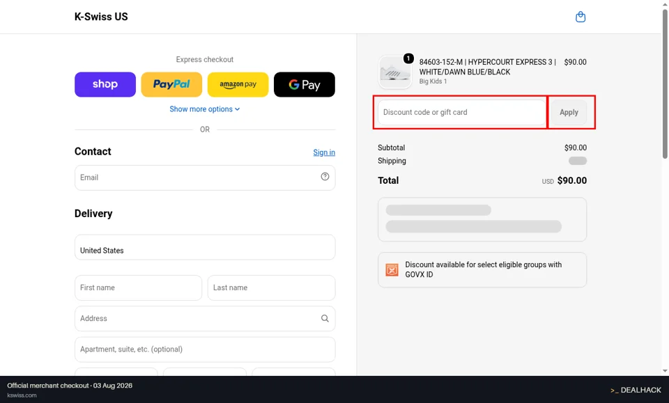 K-Swiss Shoes checkout page showing the Discount code or gift card field and Apply button