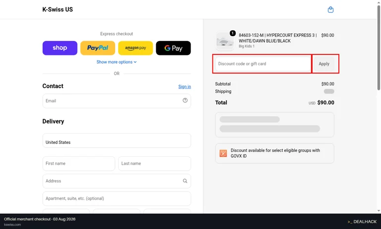 K-Swiss Shoes checkout page showing the Discount code or gift card field and Apply button