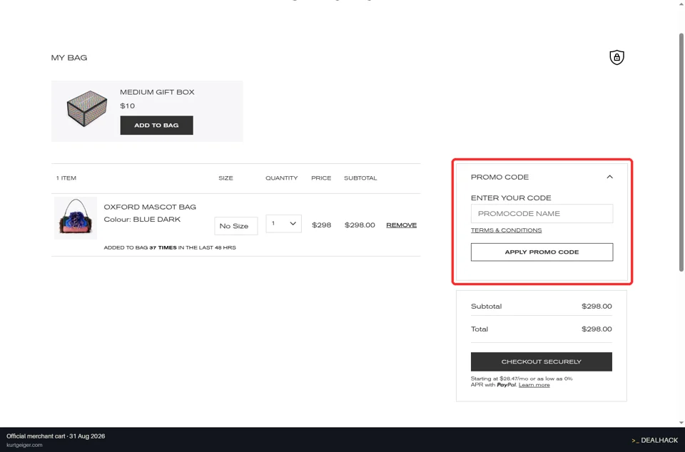 Kurt Geiger checkout page showing the PROMOCODE NAME field and Apply promo code button