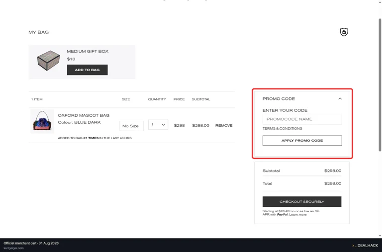 Kurt Geiger checkout page showing the PROMOCODE NAME field and Apply promo code button