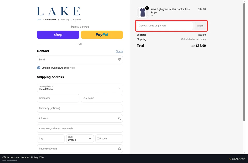 LAKE Pajamas checkout page showing the Discount code or gift card field and Apply button