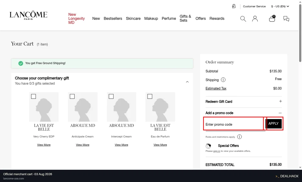 Lancôme checkout page showing the Enter promo code field and Apply button