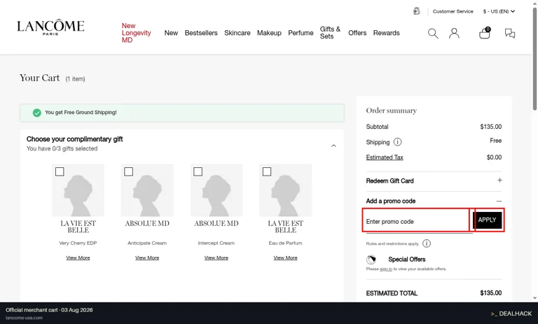 Lancôme checkout page showing the Enter promo code field and Apply button