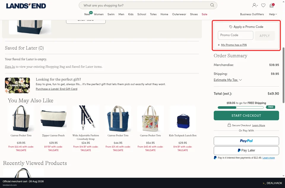 Lands' End checkout page showing the Promo Code field and APPLY button