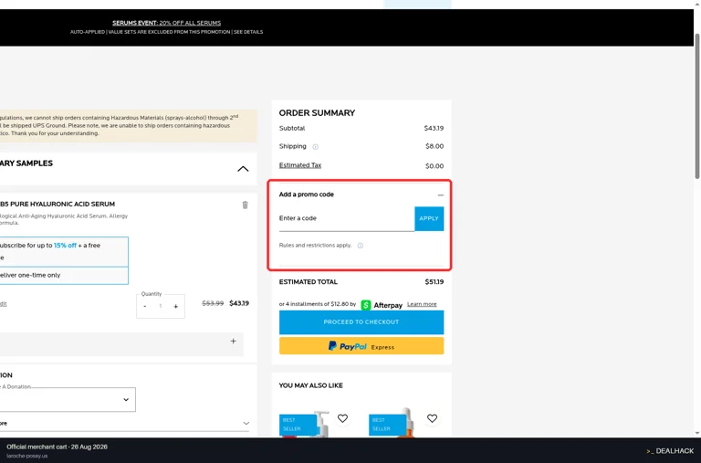 La Roche-Posay checkout page showing the Enter a code field and Apply button