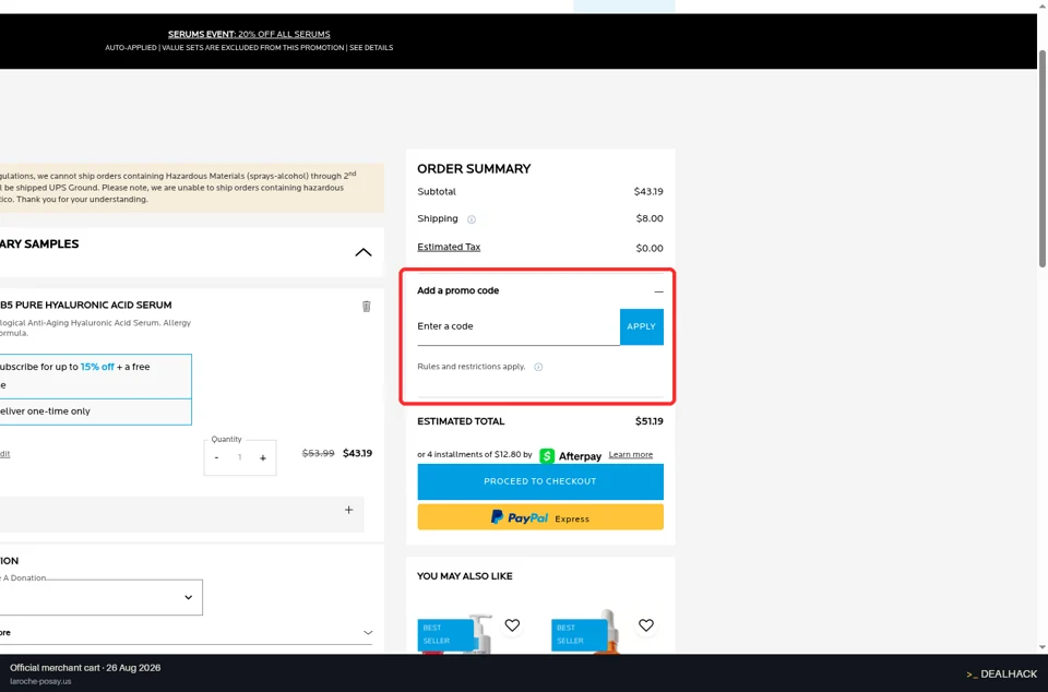 La Roche-Posay checkout page showing the Enter a code field and Apply button