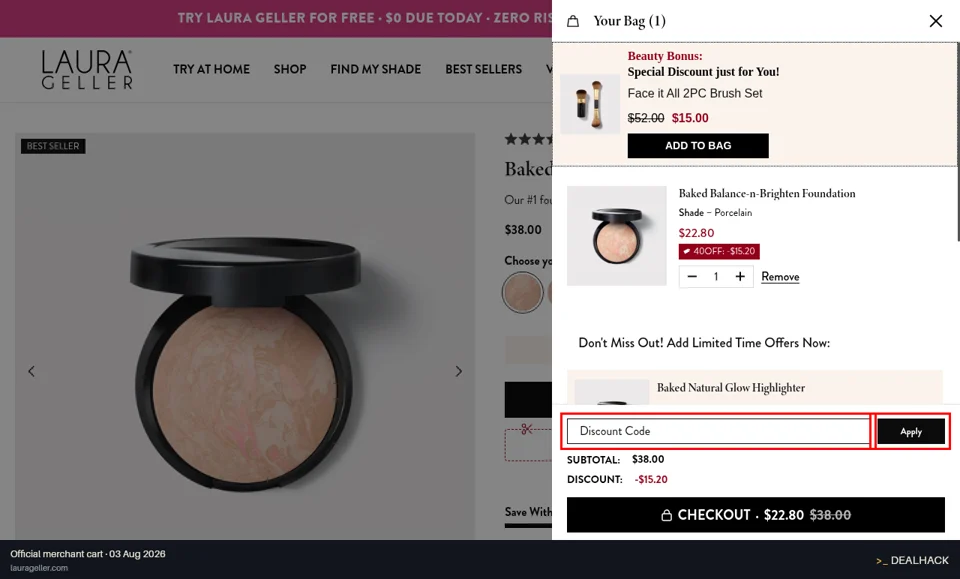 Laura Geller checkout page showing the Discount Code field and Apply button