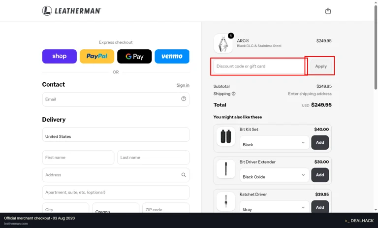 Leatherman checkout page showing the Discount code or gift card field and Apply button