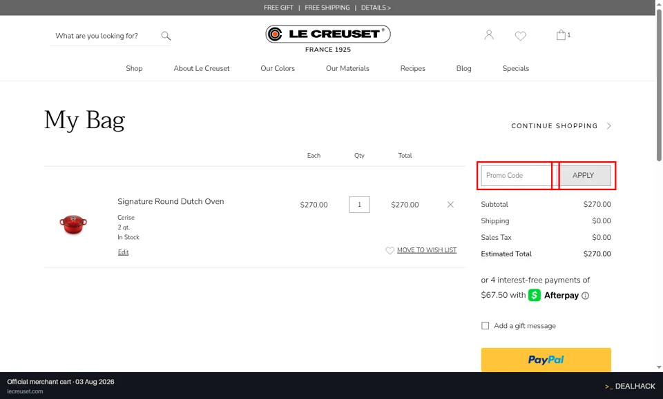 Le Creuset checkout page showing the Promo Code field and Apply button