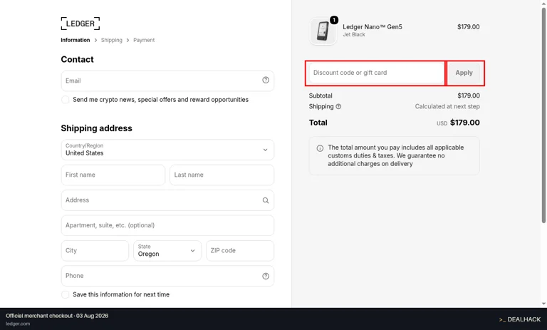 Ledger checkout page showing the Discount code or gift card field and Apply button