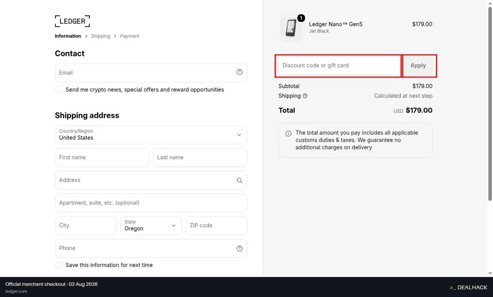 Ledger checkout page showing the Discount code or gift card field and Apply button